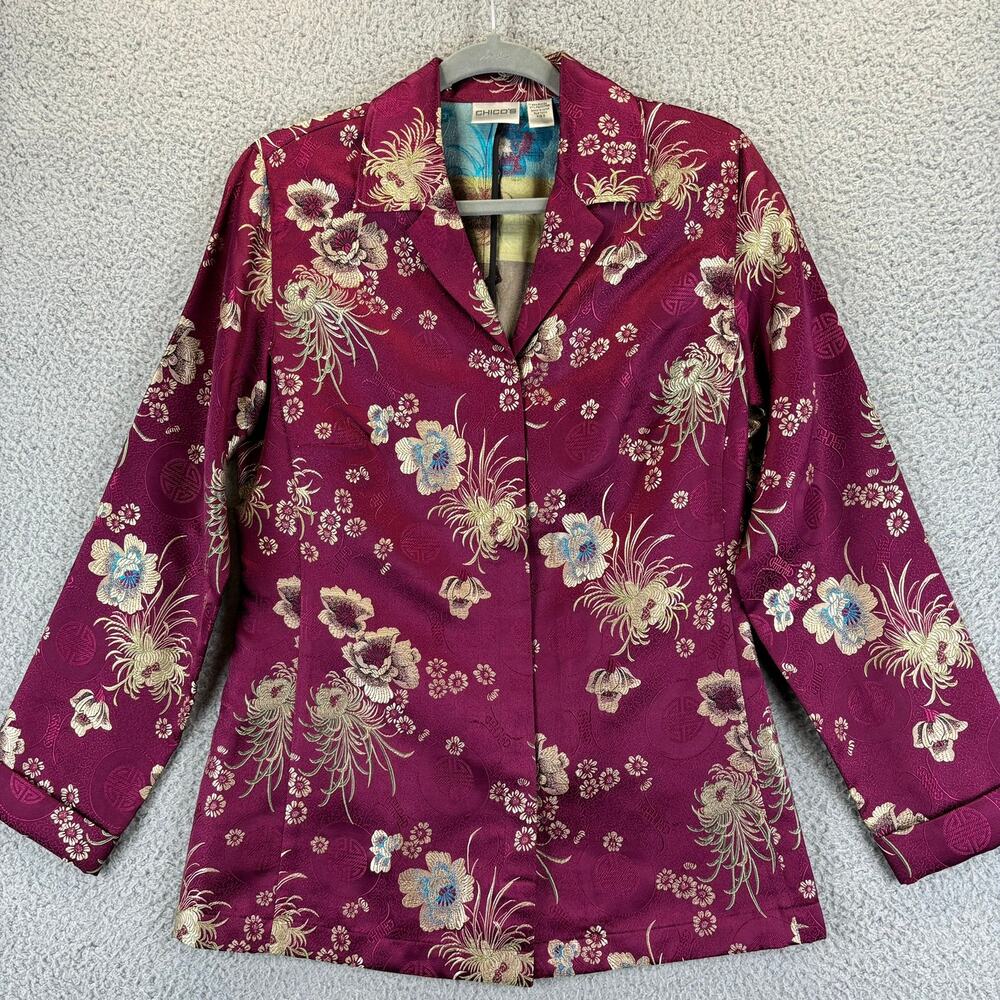 Chicos Jacket Small Embroidered Asian Floral Emboss Lightweight Blazer Sz 0 VTG